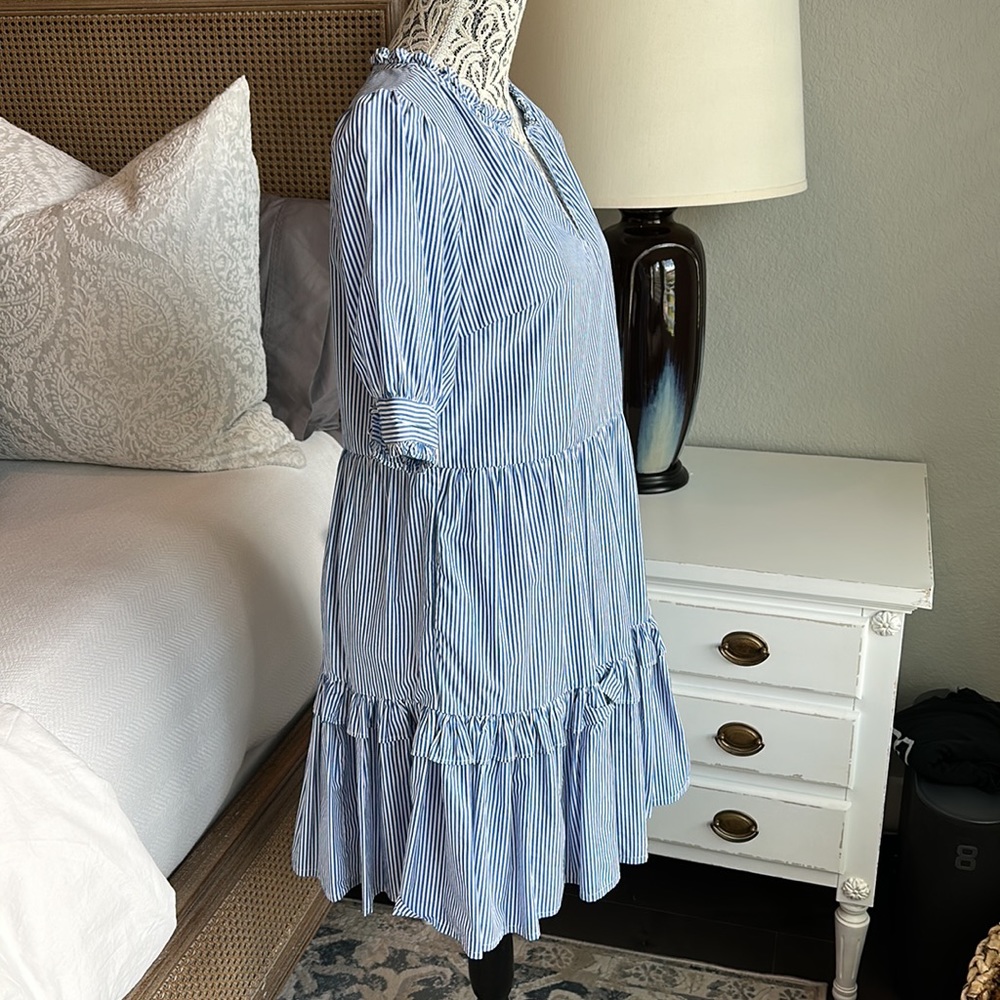 J Crew Tiered Popover Dress in Blue and White Stripes - Picture 3 of 8